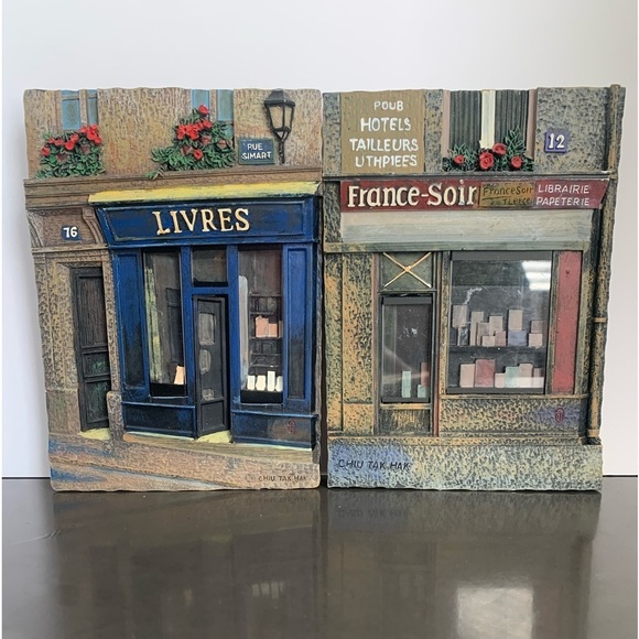 CHIU TAK HAK Paris Street 3D Store Fronts Textured Wall Tile Plaques Set x 2 - Picture 1 of 14